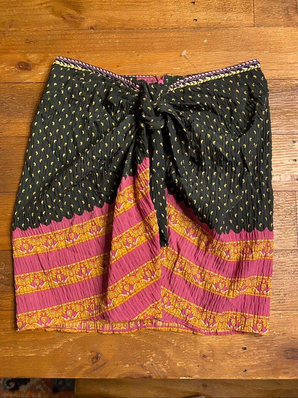 Zara Small NWT boho mini skirt Pink black ruched tie faux wrap